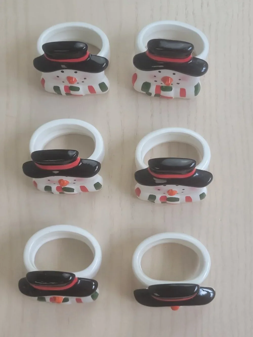Vintage Ceramic Snowman Retro Holiday Table Decor Napkin Rings Set of 6